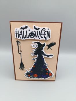 HALLWOEEN-GRUSSKARTE — Hexe im Kürbisreigen